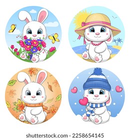 Four seasons with white rabbit. Spring, summer, autumn and winter vector illustrations with animals.