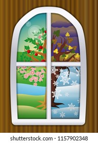 Four Seasons Window Background, Vector Illustration