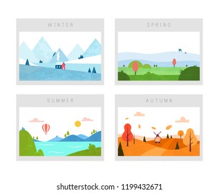 Four Seasons: Winter, Spring, Autumn And Summer Scenes. Nature Landscape. Minimal Flat Style. Vector.