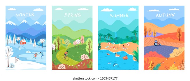 Four seasons, winter, spring, summer, autumn colour nature vector illustration set