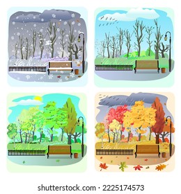 Vier Jahreszeiten, Winter, Frühling, Sommer, Herbst. Wandervögel, malerische Landschaften.