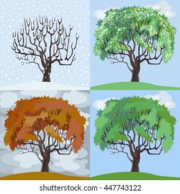 Four seasons: winter, spring, summer and autumn. Trees.