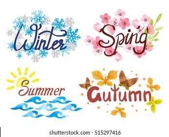 Four Seasons - winter, spring, summer, autumn. Vector watercolor illustration. 