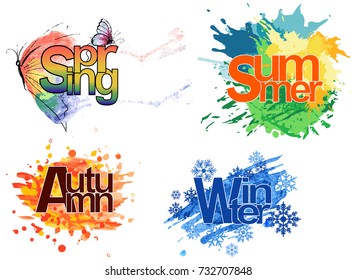 Four Seasons - winter, spring, summer, autumn. Vector watercolor illustration.