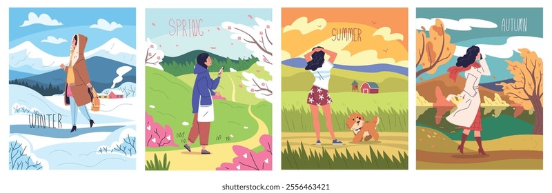 Four seasons woman. Happy girl walk in different season nature landscapes, winter autumn summer spring seasonal hot or cold weather fashion clothing, set classy vector illustration original artwork