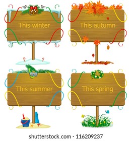 Four seasons wooden banner with ribbons, vector illustration