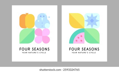 Four seasons and year nature's cycle. Abstract posters. Flat graphics. Vector file.