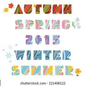 Four seasons of year and next year word titles with abstract striped pattern. Fancy multicolored capital letters, schematic shapes. Design elements isolated on white background. Vector file is EPS8.