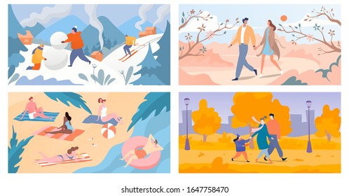 Four seasons of year winter, spring, summer and autumn, people spend time outdoor, vector illustration. Active leisure in nature, family walking in fall park, children playing in snow, beach vacation