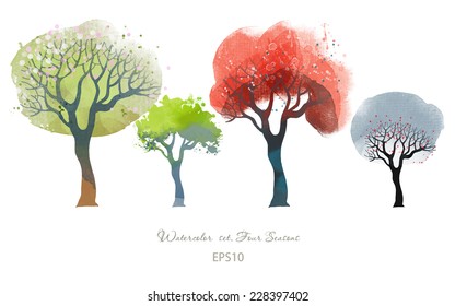 Four seasons.Watercolor vector set of trees