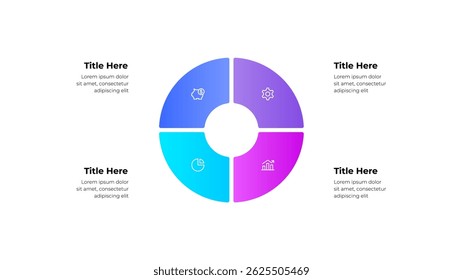 Four section circular infographic ideal for visualizing business concepts, financial statistics, and data analytics. Perfect for presentations and marketing strategies
