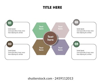 Four section with number, sub title, description, text box, hexagonal dan circle shape shadow