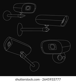 Four security cameras arranged in a row on a black background, each with a distinct design and shape. The surveillance devices range in color from black to white, showcasing clear details like lenses.