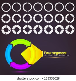 Four segment graph circular charts clip art set, in seven template design variations and three variations of thickness