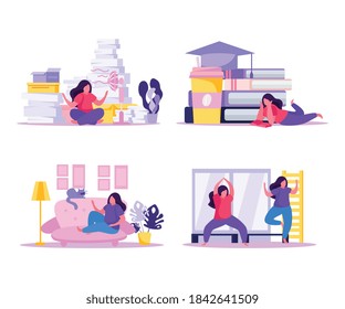Cuatro conceptos de autocuidado conjunto plano con equilibrio frío y calma de la mujer ilustración vectorial