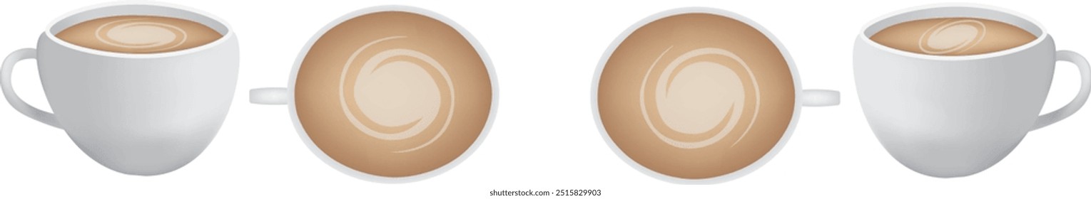 A four semi-realistic white vector cups filled with chocolate-colored coffee, each with a unique design on the foam at the top, showcase different skills and techniques