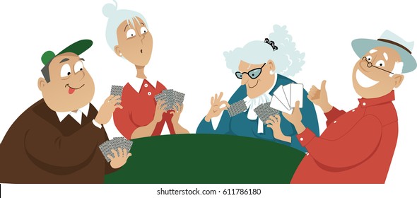 Four seniors playing cards, EPS 8 vector illustration