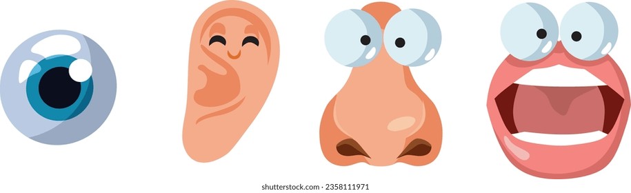
Four Senses Vector Cartoon Drawing Illustration Set
Eye, mouth, ear and nose funny character sensory perception collection 
