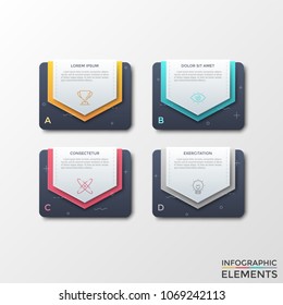 Four separate black rectangles with pentagonal or pointer-like elements, place for text, thin line icons inside. Concept of web menu with 4 options. Infographic design template. Vector illustration.