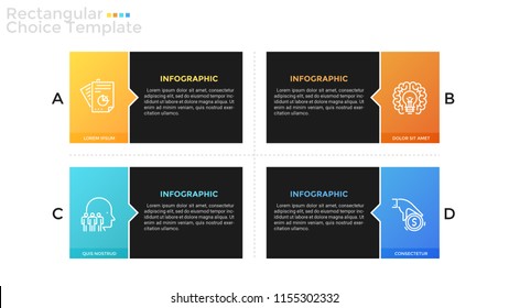 Four separate coloful rectangular elements with linear symbols and place for text inside. Concept of 4 business options to compare. Infographic design template. Vector illustration for brochure.