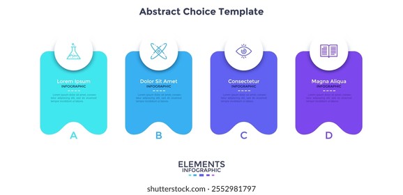 Quatro elementos retangulares abstratos coloridos separados colocados na linha horizontal. Conceito de 4 recursos de serviço para selecionar. Modelo de design de infográfico plano. Ilustração vetorial simples para o menu do site.