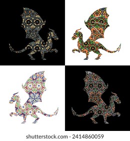 Four separate dragon silhouettes, each filled with intricate and colorful patterns.
