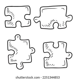 Four separate jigsaw puzzles on white background. Hand drawn vector sketch illustration in engraving doodle outline vintage line art style. children autism awareness day, team building, task, solution