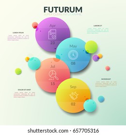 Four separate multicolored circles with thin line pictograms and date indication inside. Business planner concept. Modern infographic design template. Vector illustration for brochure, presentation.
