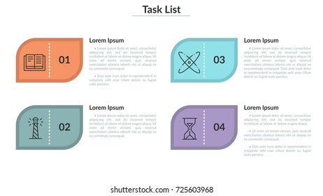 Four separate numbered elements with thin line pictograms inside and place for text. Concept of task list. Minimal infographic design template. Vector illustration for presentation, brochure, report.