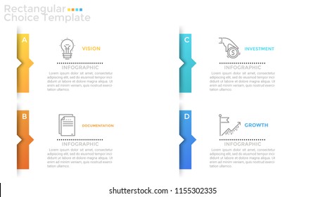 Four separate paper white rectangles or cards with colorful arrows or pointers, thin line icons and place for text or description inside. Clean infographic design template. Vector illustration.