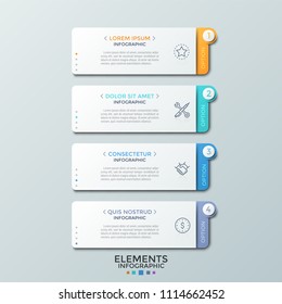 Four separate paper white rectangular elements with headings, thin line pictograms and text boxes placed one below other. Infographic design template. Vector illustration for presentation, website.