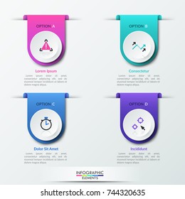 Four separate paper white round elements or bookmarks with thin line symbols inside. Modern infographic design template. Vector illustration for website interface, multimedia presentation.