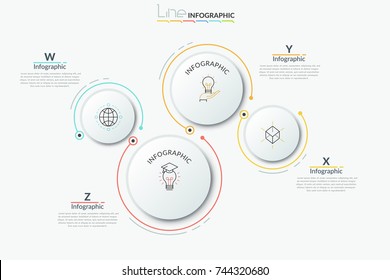 Four separate paper white round elements of different size with thin line pictograms inside and text boxes. Modern infographic design template. Vector illustration for brochure, presentation, report.