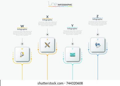 Four separate paper white square elements with thin line icons and letters inside arranged in horizontal row and connected with text boxes. Modern infographic design template. Vector illustration.