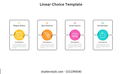 Four separate rectangular elements or cards placed in horizontal row. Concept of 4 business options to choose. Linear infographic design template. Simple vector illustration for presentation.