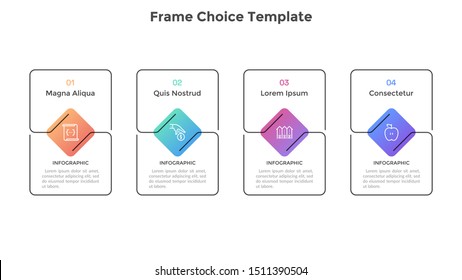 Four separate rectangular frames or cards placed in horizontal row. Concept of 4 business features to choose. Linear infographic design template. Modern vector illustration for presentation, banner.