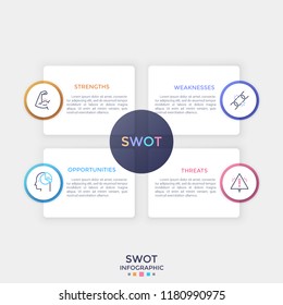 Four separate rectangular paper white elements with place for text inside and thin line symbols. Concept of SWOT analysis. Clean infographic design template. Vector illustration for presentation.