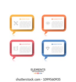 Four Separate Rectangular Speech Bubbles Or Balloons With Thin Line Pictograms And Place For Text Inside. Concept Of 4 Quotes Or Phrases. Creative Infographic Design Template. Vector Illustration.