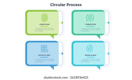 Four separate rectangular speech bubbles or balloons with thin line pictograms and place for text inside. Concept of 4 quotes or phrases. Creative infographic design template. Vector illustration.