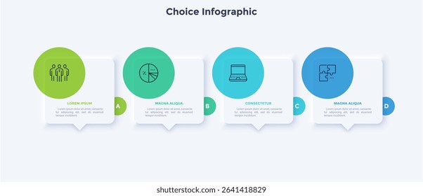 Four separate rectangular speech bubbles or balloons with thin line pictograms and place for text inside. Concept of 4 quotes or phrases. Creative infographic design template. Vector illustration.