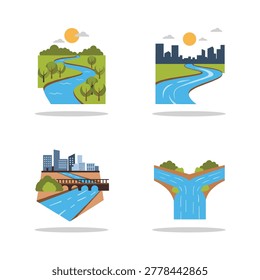 Four separate river scenes show a winding stream through trees, a river beside a city skyline, an urban canal with a bridge, and a branching water confluence.