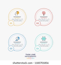 Four separate round elements with thin line pictograms, numbers and place for text or description inside. Linear infographic design template. Vector illustration for website, web interface or menu.