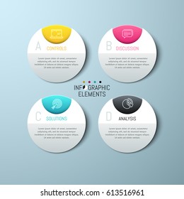 Four separate round paper white elements with letters, icons and text boxes. Modern infographic design template. 4 business project options concept. Vector illustration for presentation, brochure.