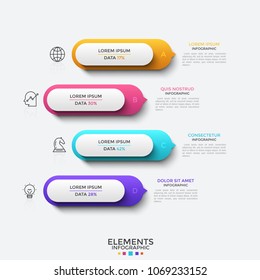 Four separate rounded elements with percentage indication inside placed one below other, linear icons and text boxes. Concept of 4 business options. Infographic design template. Vector illustration.