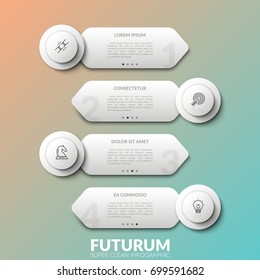 Four separate white round elements with thin line icons inside and text boxes placed one above other. Concept of 4 successive steps of business process. Infographic design layout. Vector illustration.