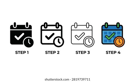 Four sequential calendar icons with checkmarks and clocks indicating different steps
