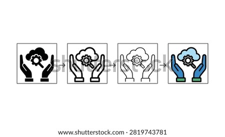Four sequential icons depict hands holding cloud with gear evolving into colored hands