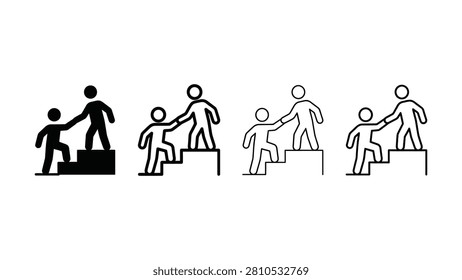Four sequential icons depict one person assisting another up a staircase
