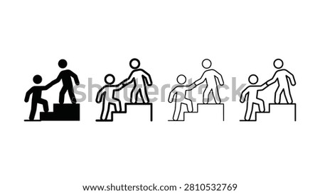 Four sequential icons depict one person assisting another up a staircase