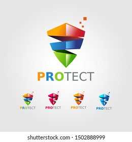 four set collection of universal logos. for your business abstract shield, orange, green and blue gradient colorful. lightning security, technology, pixel and guard icons.